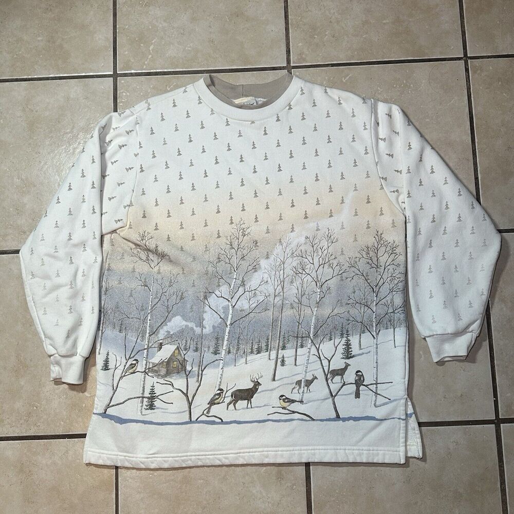 VTG 90s Artisans Sunschein Designs Sweatshirt Winterscape AOP Women’s XL **READ*